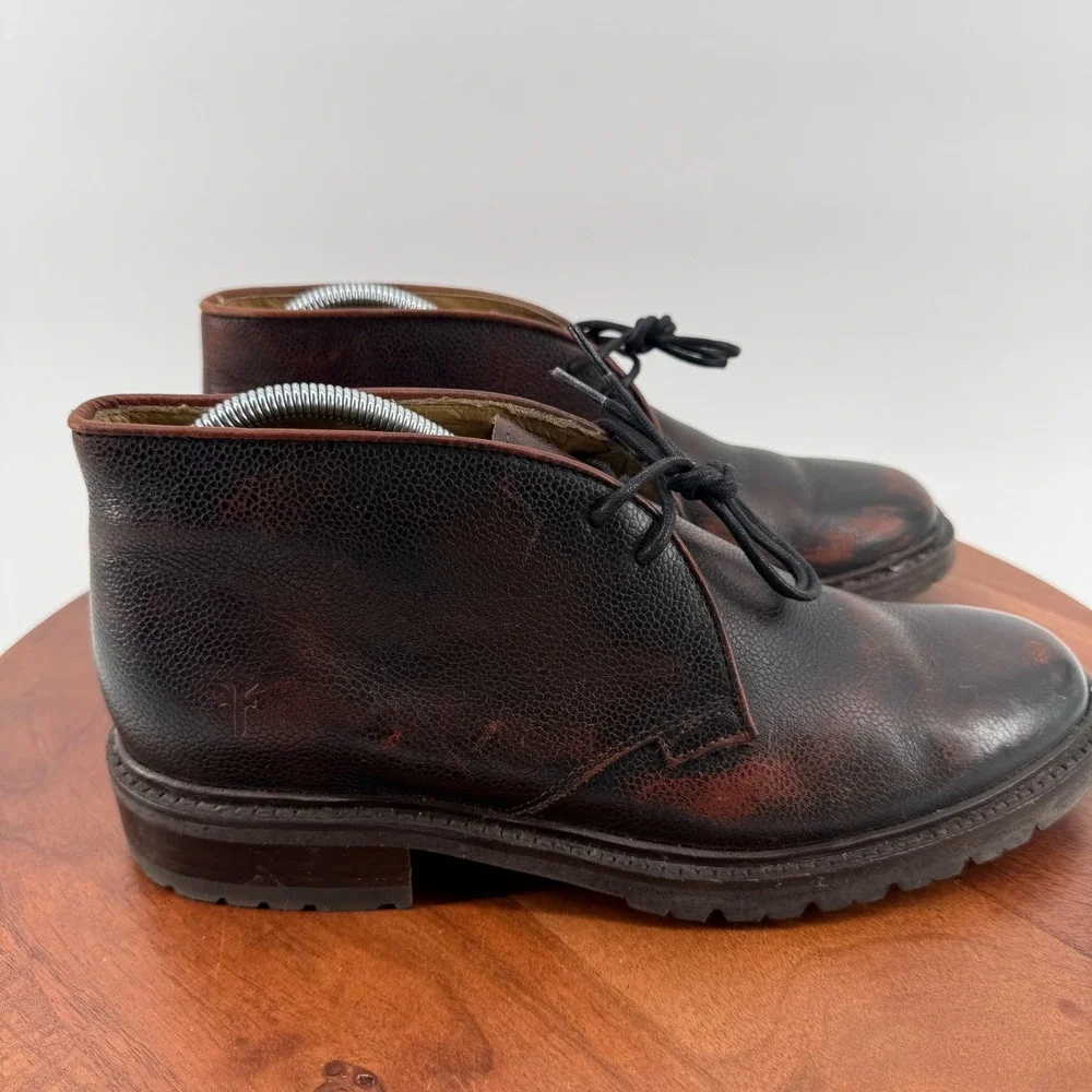 Frye John Addison Mens 8.5 D Dark Brown Pebbled Leather Chukka Lug Boots 4001